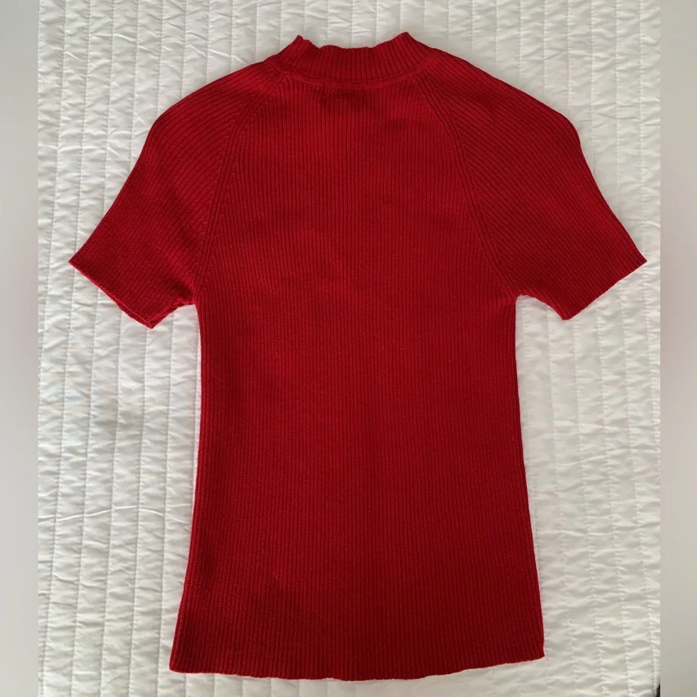 VTG 90s Limited America Knit Top Women M Cherry Red Ribbed Mockneck Short Sleeve